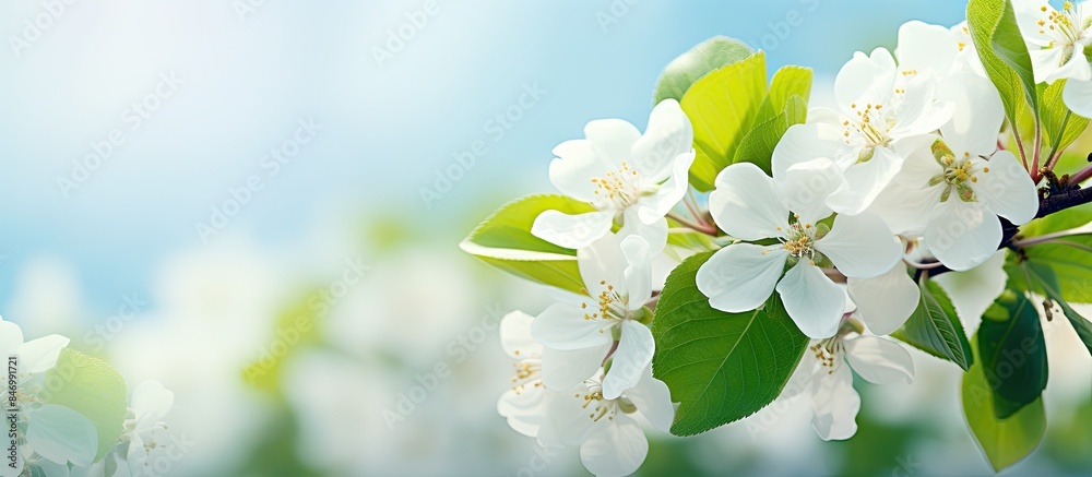 Leinwandbilder tree with beautiful white flowers under the sun, creating a serene and scenic view. with copy space 