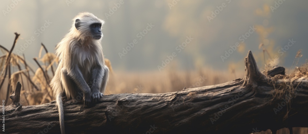 Poster gray langur primate seated on tree stump in dry woodland, observing silently. with copy space image.