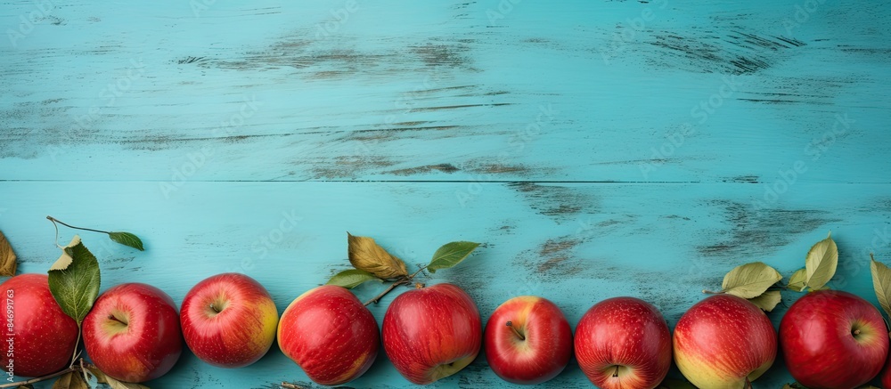 Aufkleber Rows of ripe red apples beautifully displayed on a rustic blue wooden tabletop. with copy space image. Place for adding text or design