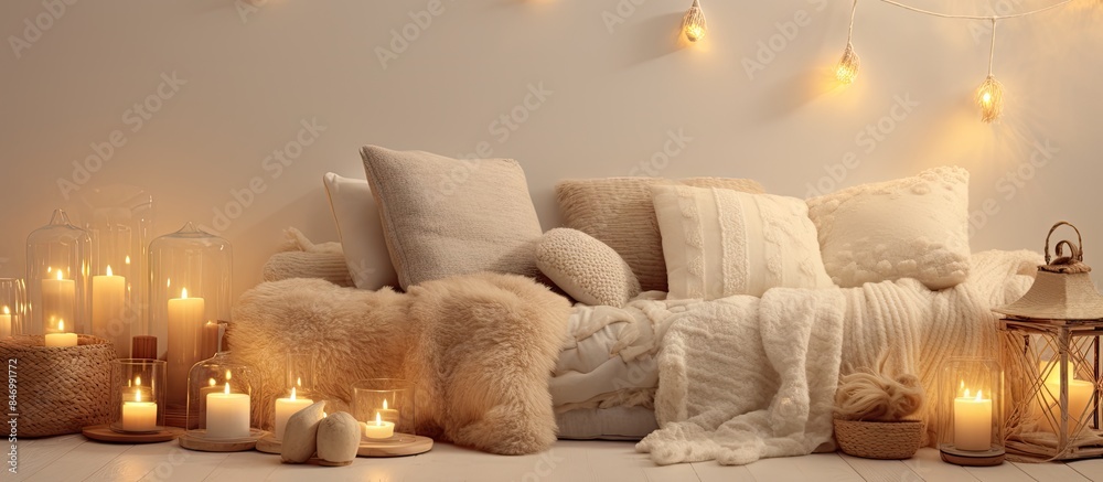 Poster Cozy room lit with natural materials in Scandinavian style featuring a close-up of a couch with pillows and candles. with copy space image. Place for adding text or design