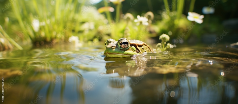 Leinwandbilder a frog is seen up close in a serene pond environment, surrounded by lush green grass and colorful bl