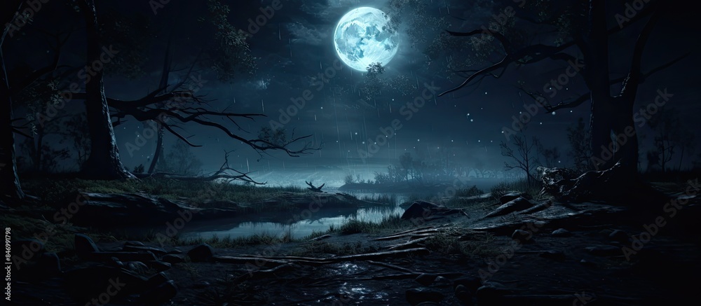 Fototapete Moon shining bright over a tranquil forest with a gently flowing stream on a serene night. with copy space image. Place for adding text or design