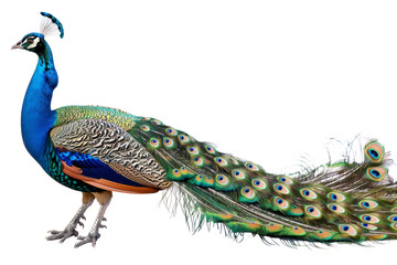 A majestic peacock with vibrant plumage and a long, ornate tail featuring eye-catching feather patterns. Perfect for nature and wildlife imagery.