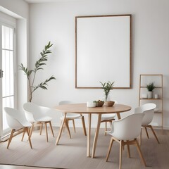 Mockup poster frames on the wall of the dining room. Modern Interior mockup. Apartment background. Modern Japandi interior design. 3D render