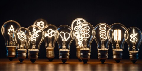 A selection of light bulbs with different filament designs lit up against a dark background