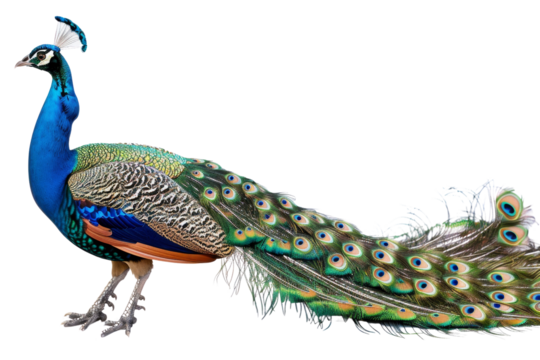 A majestic peacock with vibrant plumage and a long, ornate tail featuring eye-catching feather patterns. Perfect for nature and wildlife imagery.