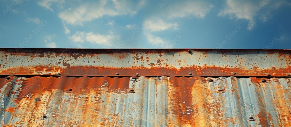 Fototapete Rusty metal topped with rust spots overlooked by sky and clouds in the background. with copy space image. Place for adding text or design