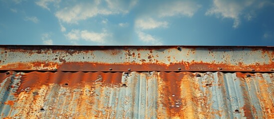 Rusty metal topped with rust spots overlooked by sky and clouds in the background. with copy space image. Place for adding text or design