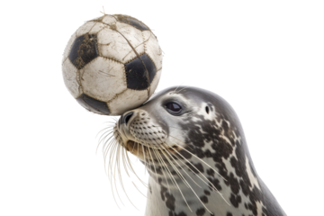 A playful seal balances an old soccer ball on its nose, showcasing impressive coordination and skill on a transparent background.