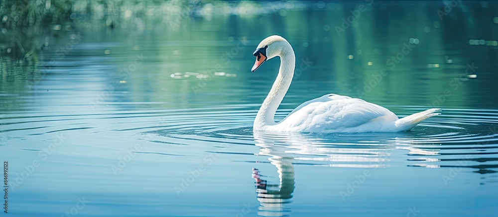Poster Majestic swan with its white feathers gliding smoothly on turquoise blue lake water. with copy space image. Place for adding text or design
