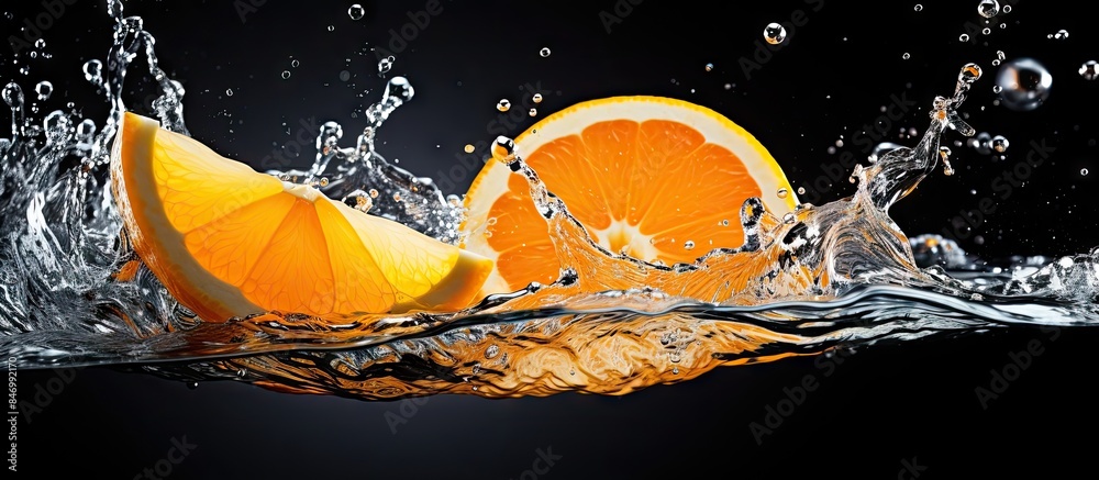 Aufkleber Slice of orange fruit floating in a stream of water. with copy space image. Place for adding text or design