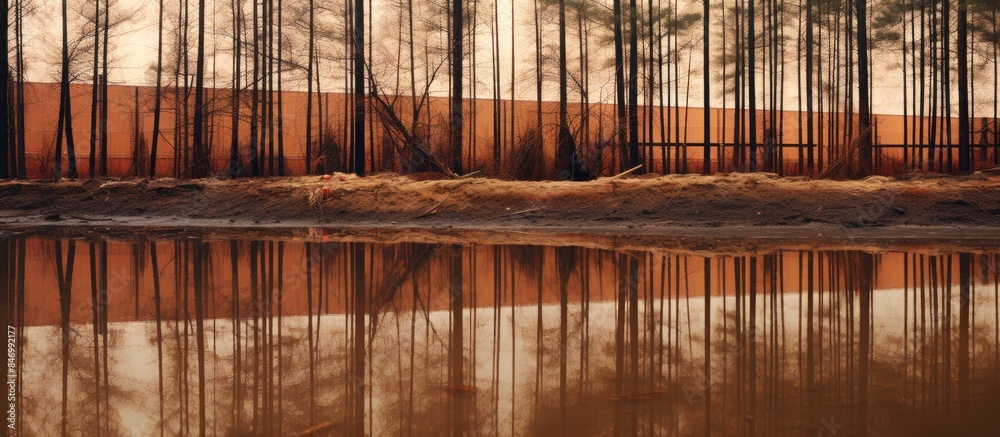 Leinwandbilder tall trees are mirrored in a nearby body of water next to a wooden fence, creating a tranquil scene.