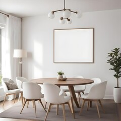 Mockup poster frames on the wall of the dining room. Modern Interior mockup. Apartment background. Modern Japandi interior design. 3D render