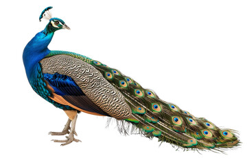 Fototapeta premium A vibrant, colorful peacock with its elegant, iridescent plumage fully displayed, showcasing its stunning feather patterns in detail.