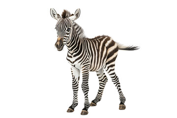 Fototapeta premium A young zebra standing on a transparent background. showcasing its distinctive black and white stripes in this stock photo.