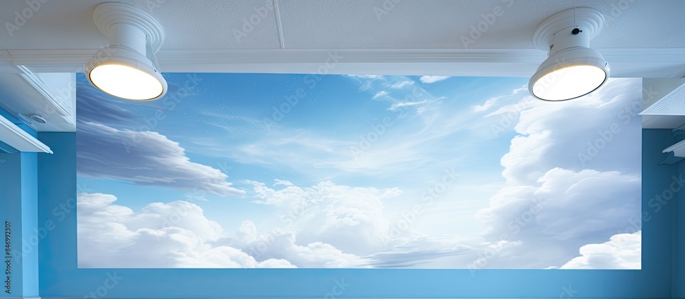 Aufkleber Ceiling repair master fixing stretch ceiling with light fixture in room featuring sky mural on wall. with copy space image. Place for adding text or design
