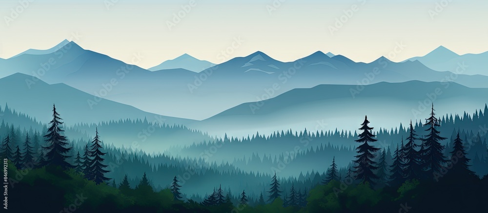 Poster misty mountains create a silhouette against a blue sky, surrounded by a lush green forest of pines a