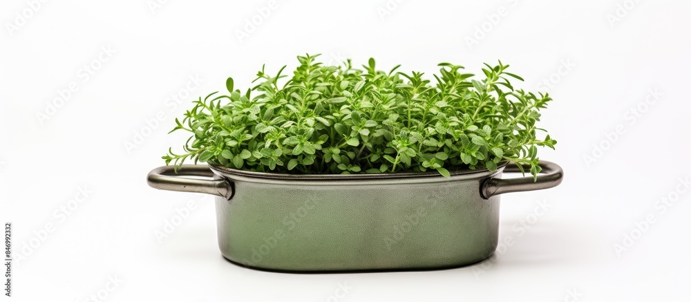 Poster pot containing a plant placed on a bright white surface. with copy space image. place for adding tex