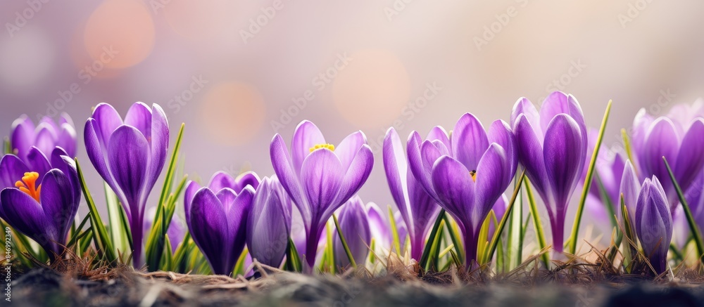 Fototapete Vibrant violet crocuses blooming in the springtime on a sunny day in a natural field setting. with copy space image. Place for adding text or design