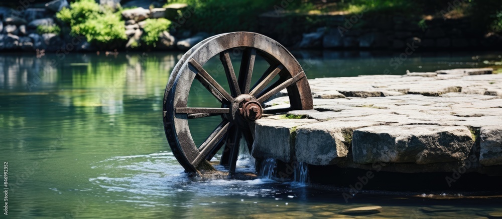 Aufkleber metal water mill wheel in pond used for oxygenation in industrial sewage and water treatment process