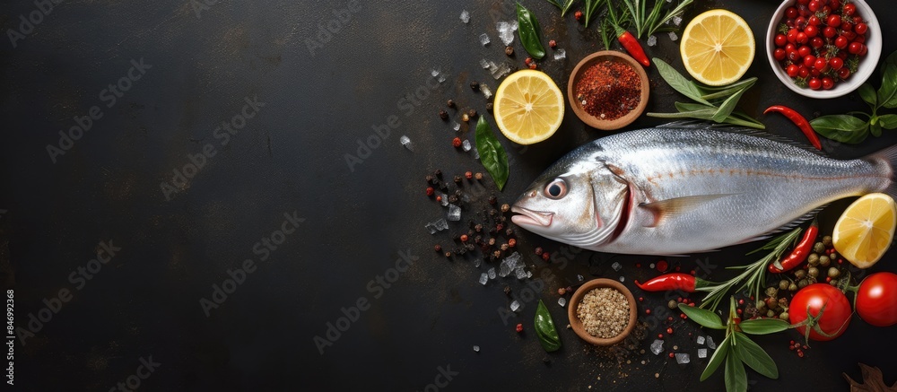 Fototapete dorada fish with ingredients and empty space beside it on one side. with copy space image. place for