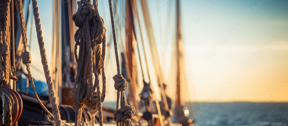 Aufkleber Sailboat navigating with ropes and rigging on the water, showcasing its sails billowing in the wind. with copy space image. Place for adding text or design