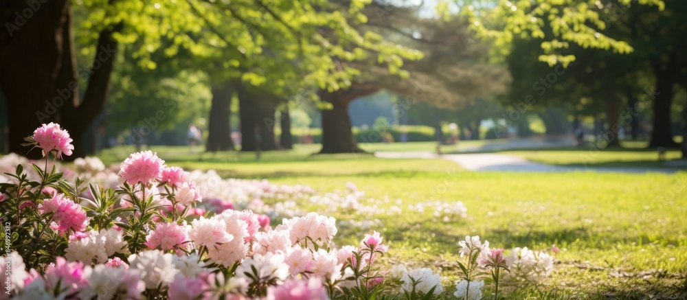 Fototapete Blossoming flowers in a field with lush trees in the background, creating a picturesque natural view. with copy space image. Place for adding text or design