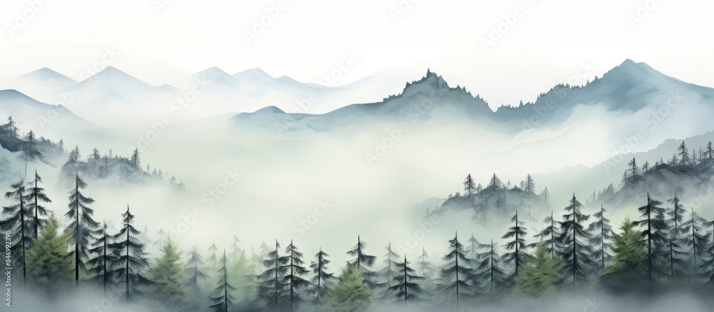 Fototapete Scenic view of mountain range with dense forest in the foreground, featuring pine trees on the slopes. with copy space image. Place for adding text or design
