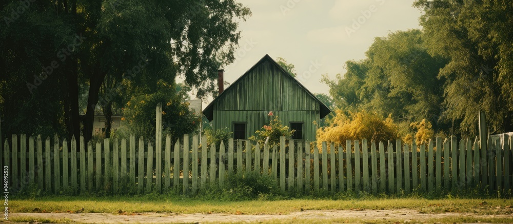 Aufkleber old wooden house painted green with a matching roof obscured behind a wooden fence. with copy space 
