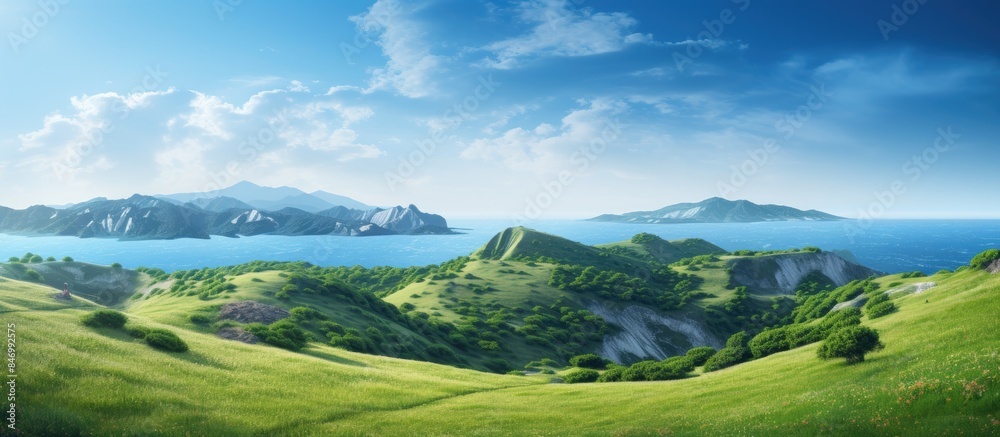 Leinwandbilder rolling hills adorned with lush green grass overlook a tranquil lake with majestic mountains in the 