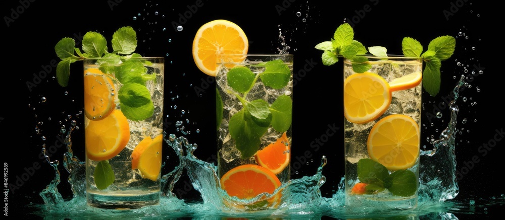 Leinwandbilder Three glasses filled with water, oranges, mint leaves, lemon slices, creating a refreshing summer drink. with copy space image. Place for adding text or design