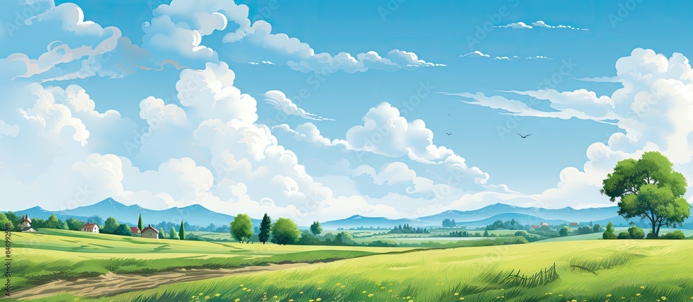 Leinwandbilder serene rural landscape with a gravel path running through vibrant green pastures and distant trees u
