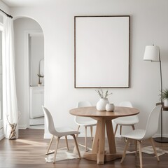 Mockup poster frames on the wall of the dining room. Modern Interior mockup. Apartment background. Modern Japandi interior design. 3D render