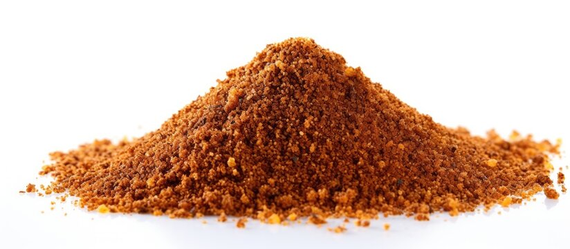 A close-up view of a mound of brown cocoa powder on a plain white background. with copy space image. Place for adding text or design
