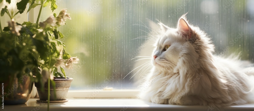 Poster the cat grooming itself comfortably by the window, receiving care and attention. with copy space ima