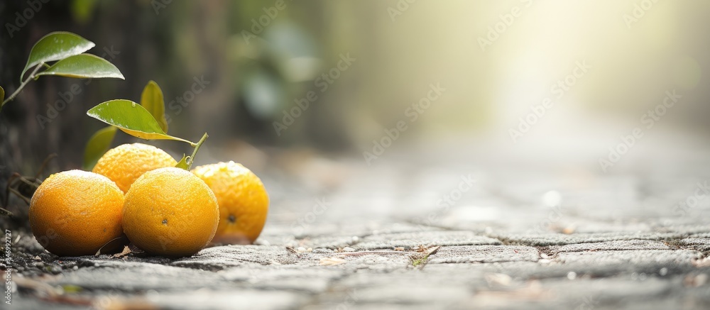 Leinwandbilder ripe, fresh oranges lying on the ground near a tree. with copy space image. place for adding text or