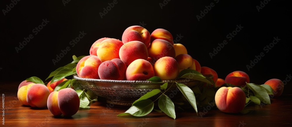 Poster bowl containing a plentiful supply of peaches showcased on a table surface. with copy space image. p
