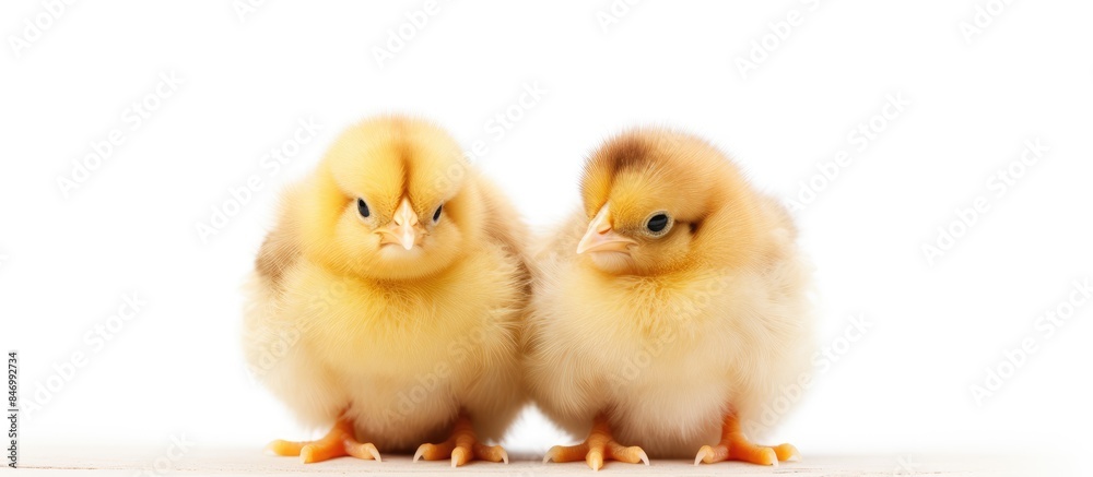 Leinwandbilder two adorable small chickens are standing together on a plain white surface. with copy space image. p