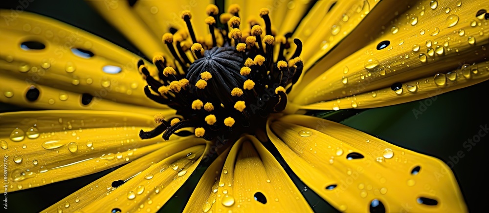 Poster Macro view of a vibrant yellow flower covered in glistening water droplets set against a black background. with copy space image. Place for adding text or design