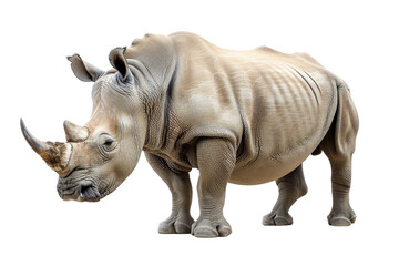 Obraz premium Close-up image of a rhinoceros standing, showcasing its strength and impressive horn, isolated on a transparent background.
