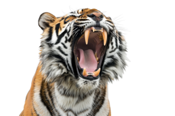 Close-up image of a roaring tiger with mouth wide open, displaying sharp teeth and fierce expression. Isolated on transparent background.
