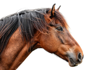Close-up of a beautiful brown horse with black mane isolated on transparent background. Perfect for equestrian-themed content and animal photography.