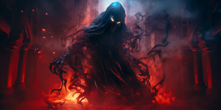 Mysterious evil monster creature in a dark room with fire