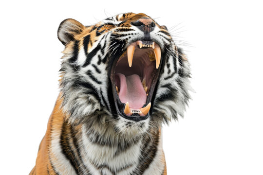 Close-up image of a roaring tiger with mouth wide open, displaying sharp teeth and fierce expression. Isolated on transparent background.
