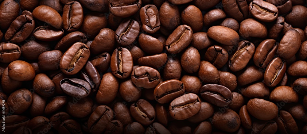 Poster heap of aromatic coffee beans seen up close in detail, showcasing their texture and natural colors. 