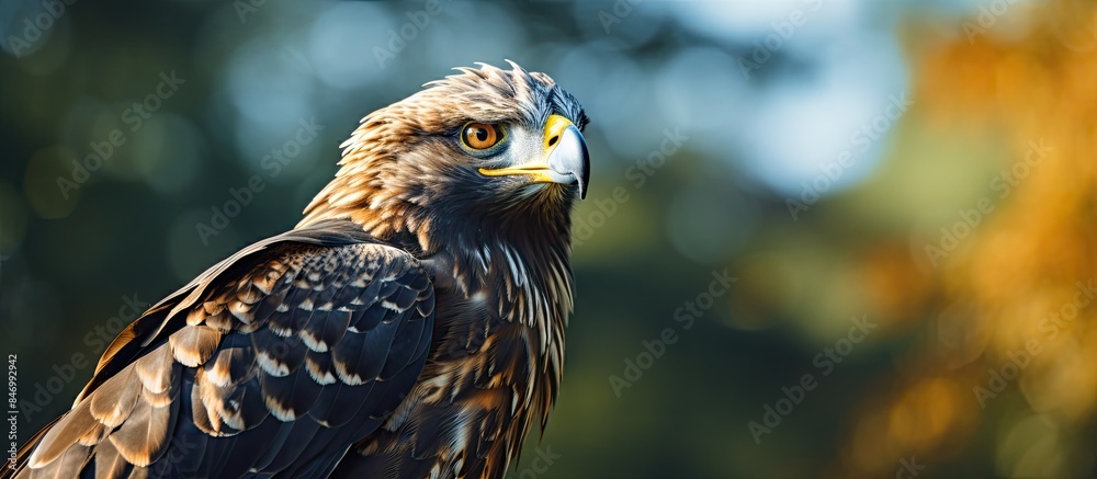 Poster spotted eagle bird sitting on a tree branch looking around, showcasing its elegant spotted plumage. 