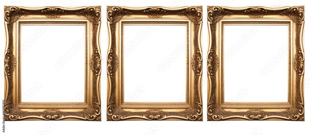 Poster three luxurious gold picture frames displayed against a plain white background. with copy space imag