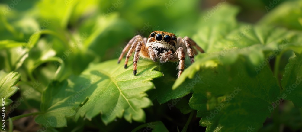 Poster small predatory spider, potentially a jumping spider, seeking its next meal amongst the foliage. wit
