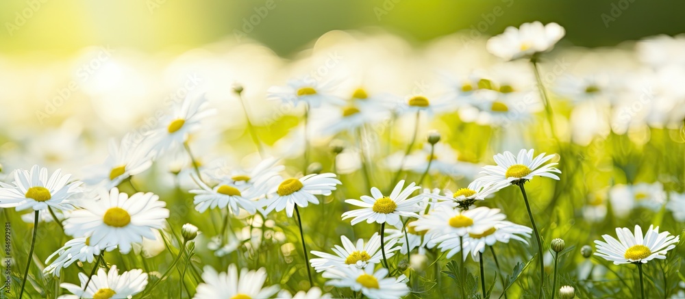 Fototapete white flowers bloom abundantly in a lush green grassy field, creating a serene natural setting. with