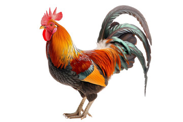 Fototapeta premium Close-up of a colorful rooster with vibrant feathers, isolated on transparent background. showcasing its impressive plumage and regal stance.